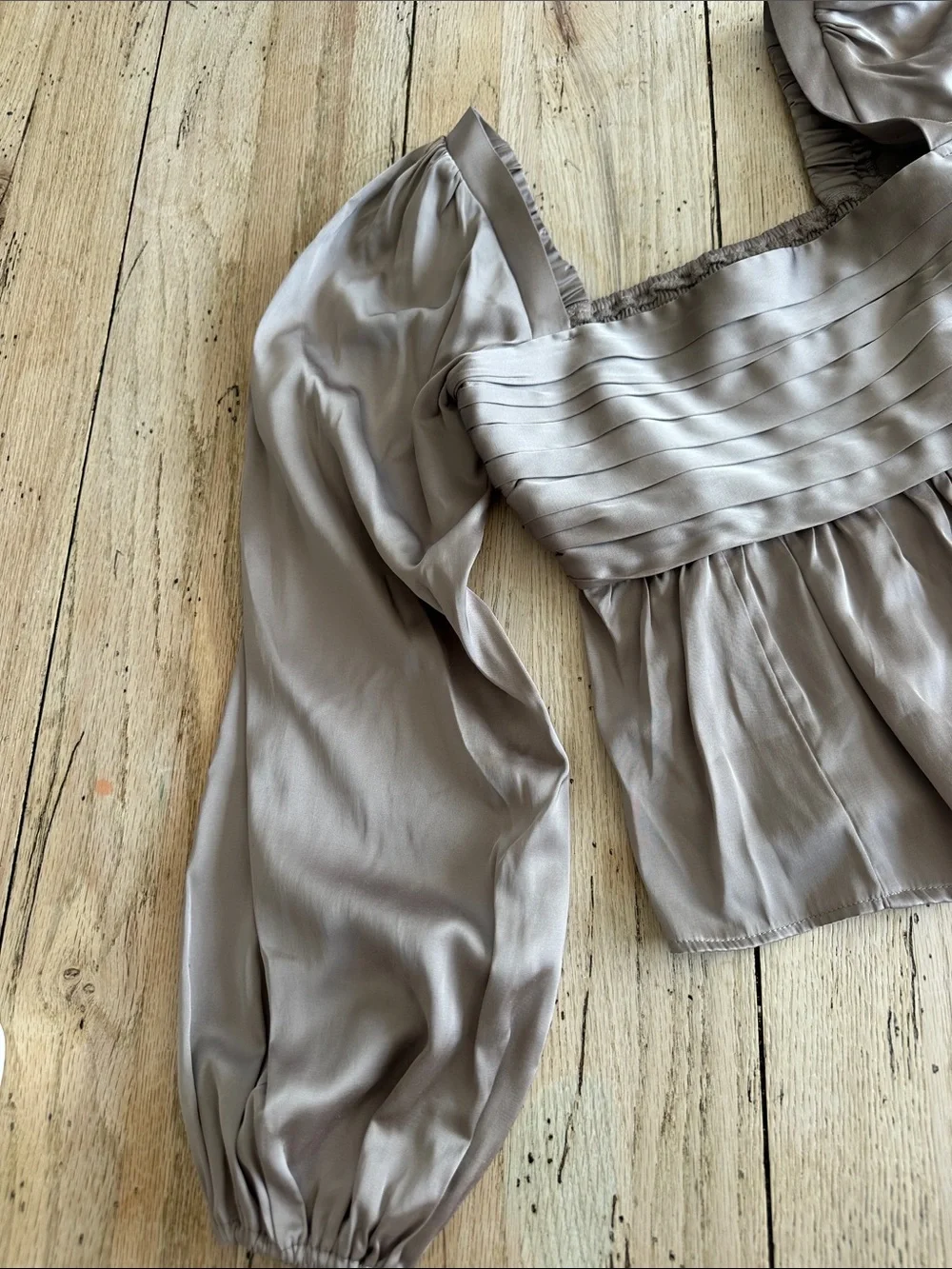Abercrombie & Fitch Satin Pleated Square-Neck Blouse in Taupe